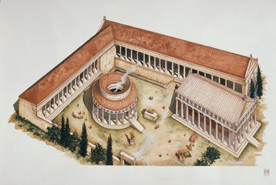 Seremoniell sirkulær tholos og tempel til Asclepius, Epidaurus, 4. århundre f.Kr. (farge litho) av School Italian