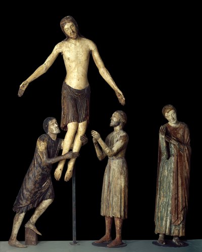 Kryss nedstigning. Saint John, Saint Joseph of Arimathea, Saint Nikodeme rundt Jesus Kristus døde. Tre skjæring. Italiensk anonym skole i middelalderen. Paris, Louvre-museet av School Italian