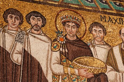 Keiser Justinian I (mosaikk) av School Italian