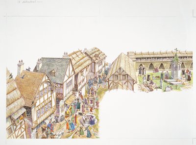 Frankrike, middelalder - rekonstruksjon av hverdagslivet i en landsby (farge litho) av School Italian
