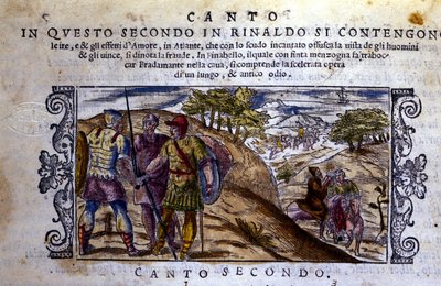 Til høyre møter Angelique (Angelica) en eremitt som vil stoppe kampen mellom Renaud (Rinaldo) og Sacripant (Sacripante) om hesten Bayard - Scene hentet fra ridderdiktet "Orlando Furioso" (Le Roland Furieux) av Ludovico Ariosto ( 1474-1533) av School Italian