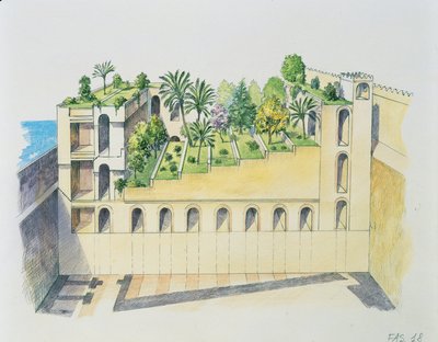 Palace of Nebuchadnezzar, Babylon, med hengende hager (farge litho) av School Italian