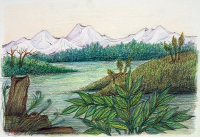 Forhistorisk - gjenoppbygging av naturmiljø (farge litho) av School Italian