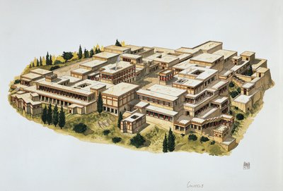 Rekonstruksjon av Knossos-palasset, Kreta, 1900-tallet f.Kr. (farge litho) av School Italian