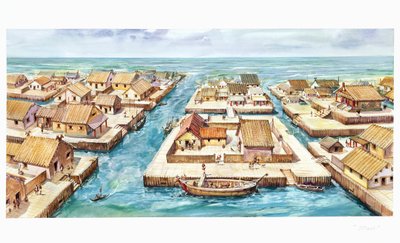 Rekonstruksjon av havnen i Spina (farge litho) av School Italian