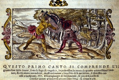 Representasjon av kampen mellom Ferragus, bokhveten og Renaud (Rinaldo), begge forelsket i den vakre Angelica (Angelica), scene hentet fra ridderdiktet "Orlando Furioso" (The Furious Roland) av Ludovico Ariosto (1474-1533) kalt L