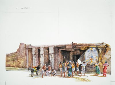 Fortell el-Amarna - rekonstruksjon av tilbedelsen av guden Aton, avbildet som solskiven (farge litho) av School Italian