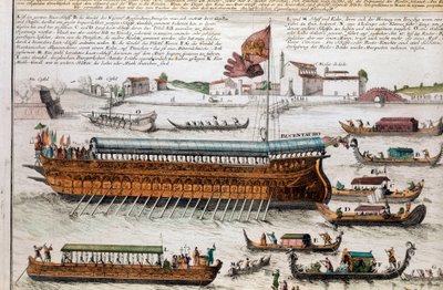 Utsikt over Venezia-lagunen og Bucentaur. (Bucentauro) På Kristi himmelfartsdag krysset dogen Venezia-lagunen for å nå munningen av det åpne hav ombord på et skip kalt Bucentaur. Gravering. Venezia, correr museum av School Italian