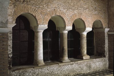 Utsikt over klosteret til kirken Saint Vincent og Saint Anasthasus, klosteret til de tre fontenene (Tre-Fontane) (Chiesa dei Santi Vincenzo e Anastasio alle Tre Fontane) (Utsikt over klosteret til kirken St Vincenzo e Anastasio, abbazia delle T av School Italian