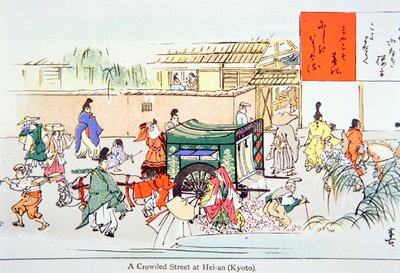 En overfylt gate ved Hei-an (Kyoto) (farge litho) av School Japanese