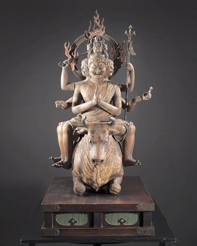 Daiitoku Myoo, Kamakura-perioden, ca. 1251-99 (tre, metall, bladgull og pigment) av Japanese School