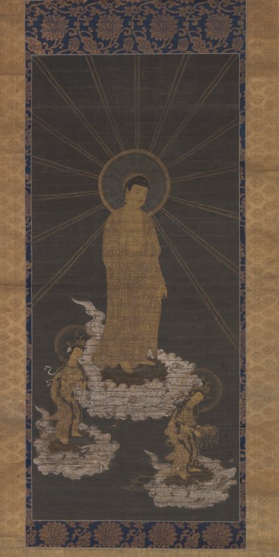 Nedstigning fra Amida, eller Raigo, Muromachi-perioden ca. 1333-1568 (blekk på stoff) av School Japanese