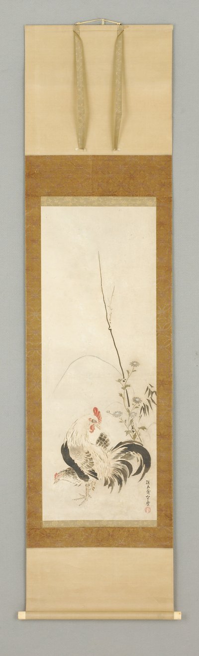Kakemono, hane og høne m/blomster av Japanese School