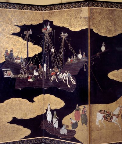 "Portugisisk" skjerm: en representasjon av ankomsten av portugisiske jesuittmisjonærer til Japan på 1500-tallet. Detalj. Realisert av Kano-skolen (?). 1593-1600. Lisboas museum for antikk kunst av Japanese School