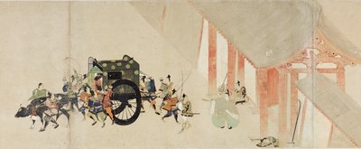 Illustrated Tale of the Civil War, The Imperial Visit to Rokuhara (Illustrated Tale of The Civil War, The Imperial Visit to Rokuhara) - Anonymt verk, akvarell og blekk på papir, andre rull av School Japanese
