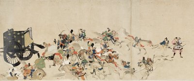 Illustrated Tale of the Civil War, The Imperial Visit to Rokuhara (Illustrated Tale of The Civil War, The Imperial Visit to Rokuhara) - Anonymt verk, akvarell og blekk på papir, tredje rulle av School Japanese