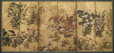 Sommer- og høstblomster, Edo-perioden (farge over gull på papir) av Japanese School