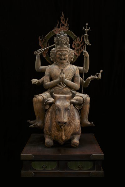 Wisdom King of Awe-inspiring Power (Daiitoku Myōō) (polykromt tre med krystall, bladgull og metall) av Japanese School