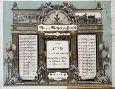 Minnekalender for fremtidige begravelsestjenester til en avdød nær slektning. Jahrzeit-maleri. Jødisk museum i Basel, Sveits. av School Jewish