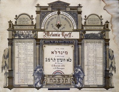 Minnekalender for fremtidige begravelsestjenester til en avdød nær slektning. Jahrzeit-maleri. Jødisk museum i Basel, Sveits. av School Jewish