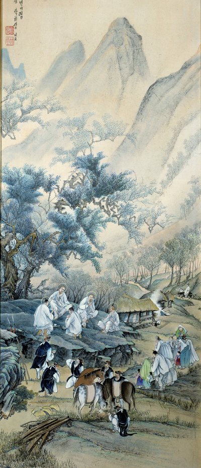 Coreen Art: Civilian Coreens kom fra europeiske katolske misjonærer drept av undertrykkelse under evangeliseringen i Korea på 1800-tallet mens gendarmene drikker alkohol. Misjonærer er representert med aureolene som katolske helgener. P av School Korean