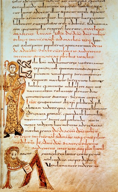 Saint Matthew; letter M (head of the lion of Saint Mark). Page in “” Sacramentary of Gellone”, folio 42. Enluminated by David, v. 790, France, Meaux or Cambrai. BN, Paris av School Merovingian
