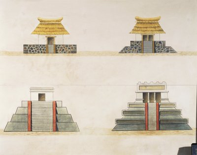 Historisk rekonstruksjon av bygninger i Tenochtitlan (farge litho) av School Mexican