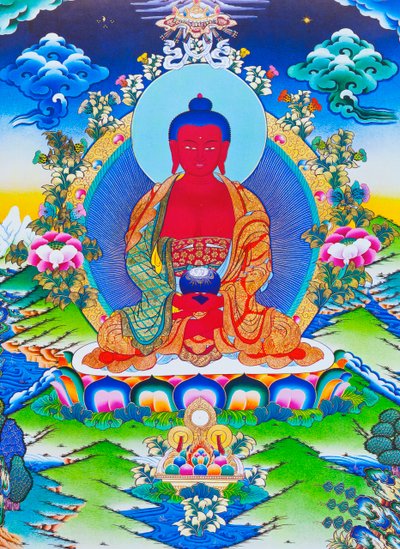 Bilde som viser Amitabha Buddha sittende på en lotus (gouache på tøy) av School Nepalese