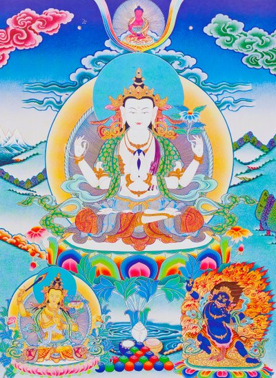 Bilde som viser Chenresi, herren over de seks stavelsene "Om Mani Padme Hum" (gouache på tøy) av School Nepalese
