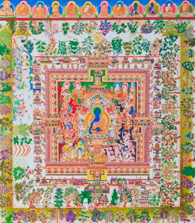 Medisin Buddha Mandala, midtfiguren til Bhaisajyaguru representerer den øverste healeren i klosterklær med en bolle som inneholder medisinske planter (gouache på tøy) av School Nepalese