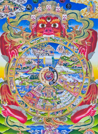 Livets hjul Mandala, som skildrer Kalachakra eller villede eksistens holdt i munnen til Yama, dødsguden som representerer fødsel, død og gjenfødelse (gouache på tøy) av School Nepalese