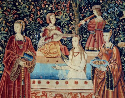 Curtain of the Lordship Life: the Bath. Detalj. Ull- og silketeppe laget rundt 1520 i Nederland. Søn 2,8x2,6 m Paris, middelalderens nasjonalmuseum, Thermes de Cluny av School Netherlandish