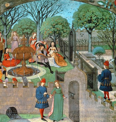 Harl 4425 f.12v Hagescene, elskeren og damen Oyseuse (Lediggang) utenfor hagemurene, fra 