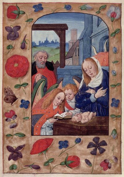Kongebok 9 f.93v Fødselen, fra en timebok (vellum) av School Netherlandish
