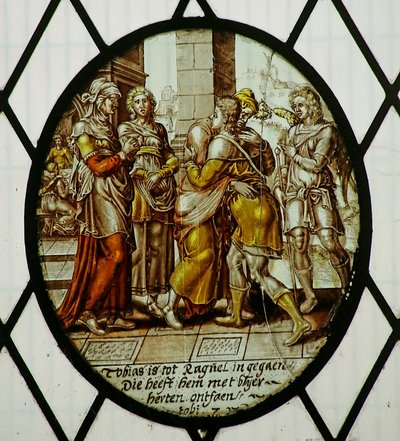 Roundel: Tobias ankommer Ecbatana (farget glass) av School Netherlandish