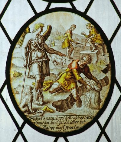 Roundel: Tobias fanger en fisk (farget glass) av School Netherlandish