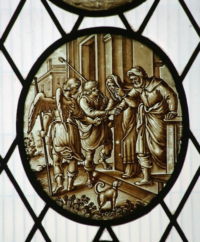 Roundel: Tobias drar med engelen, sannsynligvis 1800-tallet (farget glass) av School Netherlandish