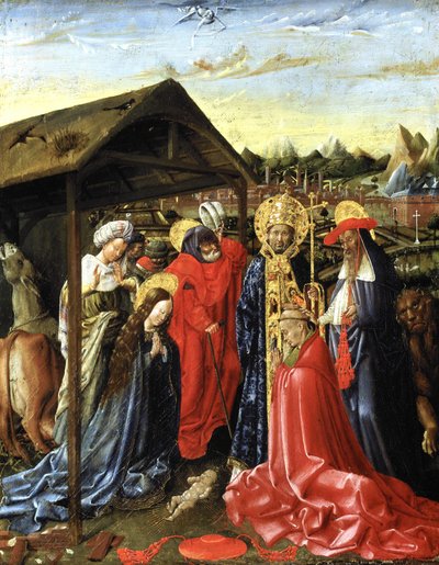 Fødselen med SS. Sixtus (?) og Jerome og en kardinal (olje på panel) av School Netherlandish