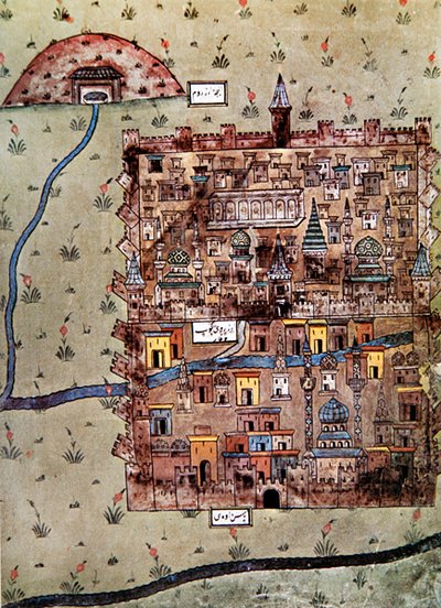 Kart over Erzerum, Tyrkia ca. 1600 (farge litho) av School Ottoman