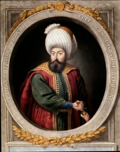 Det osmanske riket: portrett av den første osmanske sultanen Osman I (1299-1326). Topkapi Sarayi Istanbul bibliotek av School Ottoman