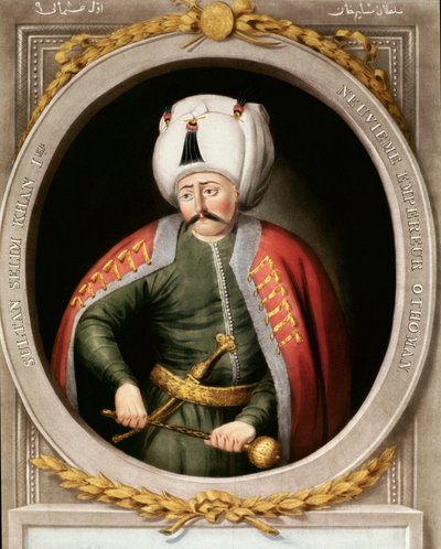 Det osmanske riket: portrett av den niende osmanske sultanen Selim I sier det forferdelige eller det grusomme (1470-1520). Miniatyr. Topkapi Sarayi Istanbul bibliotek av School Ottoman