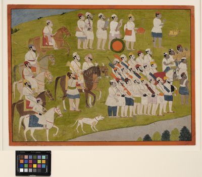 En Bhoti-prins forbereder seg på jakten, ca. 1800 (ugjennomsiktig m/c på papir) av School Pahari