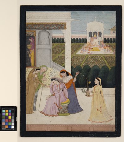 En dame trøster seg, mens de andre spiller Holi, ca. 1790 (ugjennomsiktig akvarell, sølv og gull på papir) av School Pahari