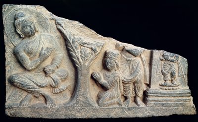 Detalj av en reliefffrise som viser en sittende Buddha med oranter, gresk-buddhistisk stil, fra Taxila, Pakistan av School Pakistani