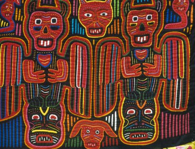 Håndsydd farget bomull, San Blas Archipelago, Republikken Panama, Detalj av School Panamanian