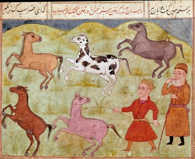 Islamsk kunst: En herre og gårdsgutt hans fanger ville hester i lasso. Persisk miniatyr fra et manuskript av det episke diktet "Shahnameh"" (Shah Nama, Shahnama) (Kongenes bok) av Ferdowsi (Firdawsi, eller Ferdawsi, eller Firdousi, ca. 940-rundt 1020) Bibl av School Persian