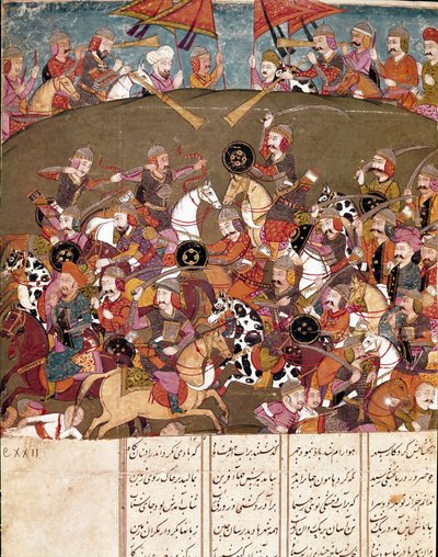 Islamsk kunst: kampscene. Persisk miniatyr fra et manuskript av det episke diktet "Shahnameh"" (Shah Nama, Shahnama) (Kongenes bok) av Ferdowsi (Firdawsi, eller Ferdawsi, eller Firdousi, ca. 940-rundt 1020) Biblioteca Nazionale Naples av School Persian