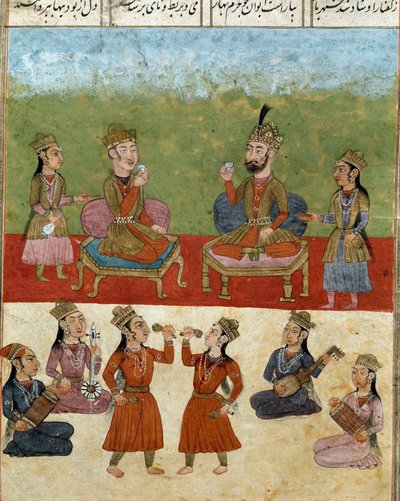 Islamsk kunst: konsert og underholdning i et harem. Persisk miniatyr fra et manuskript av det episke diktet "Shahnameh"" (Shah Nama, Shahnama) (Kongenes bok) av Ferdowsi (Firdawsi, eller Ferdawsi, eller Firdousi, ca. 940-rundt 1020) Bibliote av School Persian