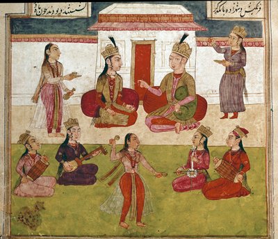 Islamsk kunst: konsert og underholdning i et harem. Persisk miniatyr fra et manuskript av det episke diktet "Shahnameh"" (Shah Nama, Shahnama) (Kongenes bok) av Ferdowsi (Firdawsi, eller Ferdawsi, eller Firdousi, ca. 940-rundt 1020) Biblioteca Nazionale Na av School Persian