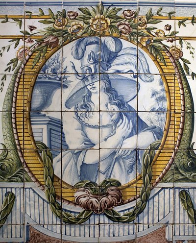 Ornamental panel med et portrett av en kvinne, Royal factory of Louca, en Ratio, fajanse polykrom av School Portuguese